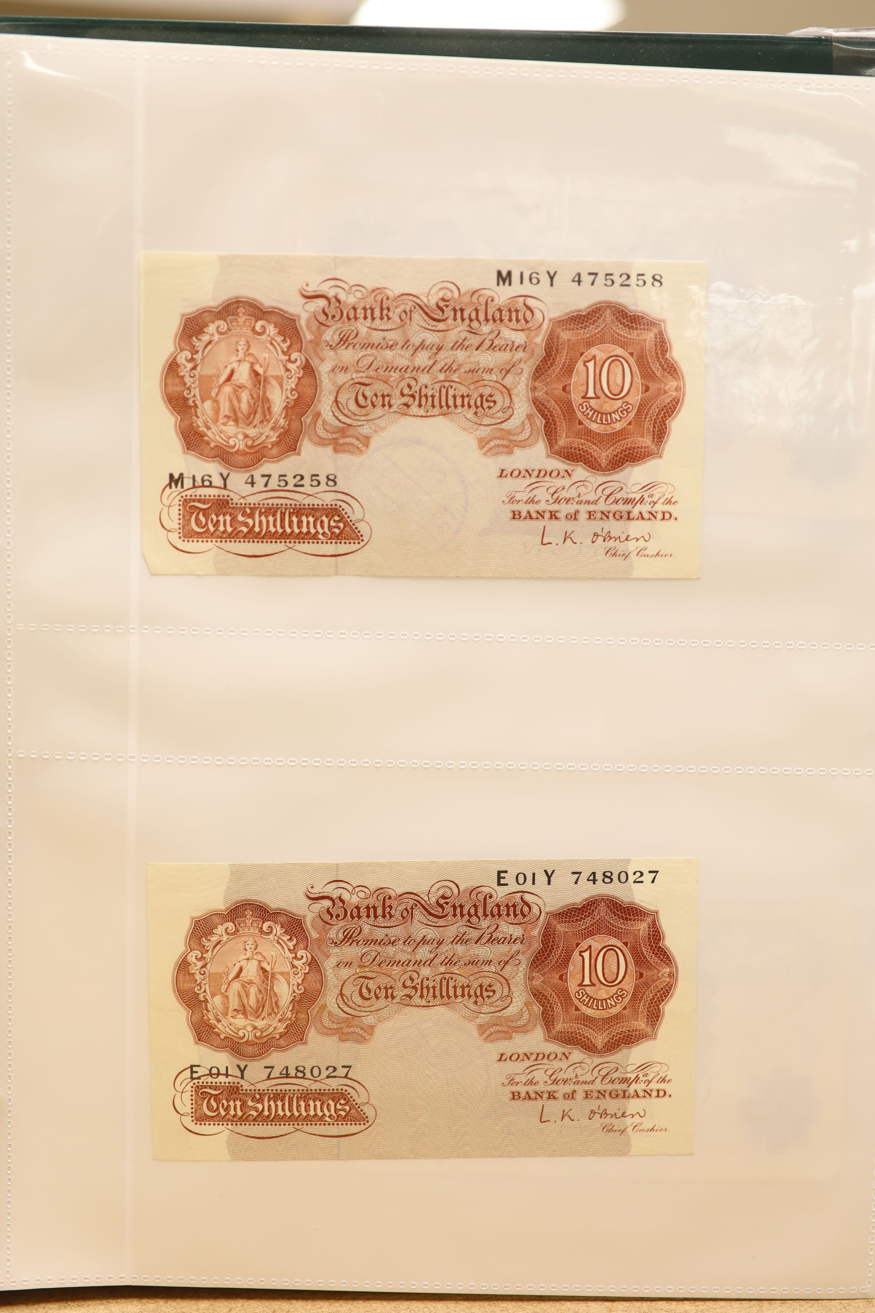 A collection of Bank of England and Scottish banknotes to include: 21 QEII 10 shillings, 14 O'Brien and Beale 10 shillings, 1 Peppiatt 10 shillings, 4 Hallam one pound notes, 18 O'Brien or Beale one pound notes, 8 Peppia